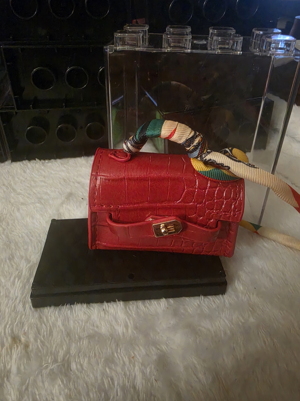Red Croc-Embossed Mini Top-Handle Bag with Scarf Accent